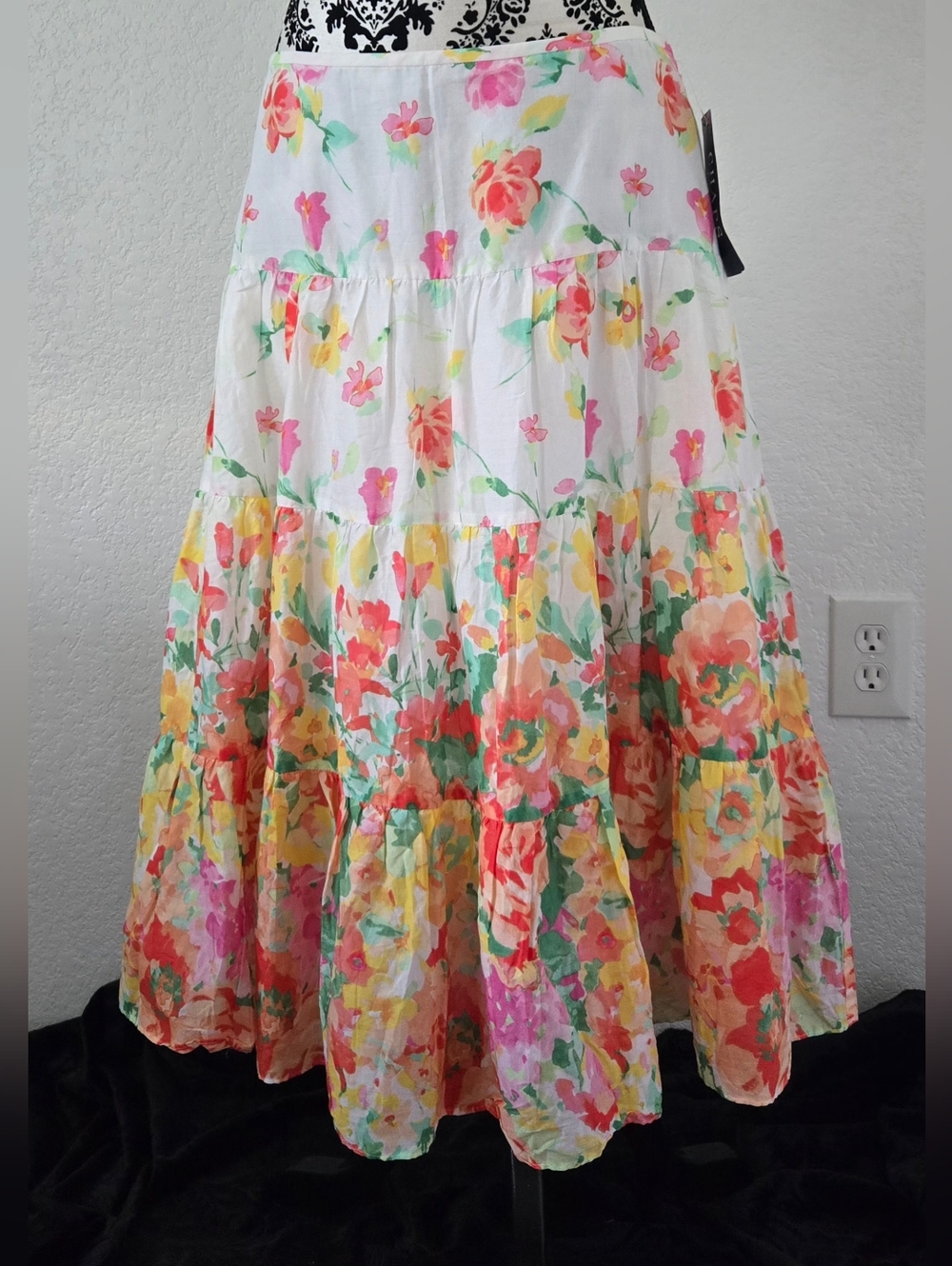 Chaps Floral Skirt in White with Orange, Yellow & Pink